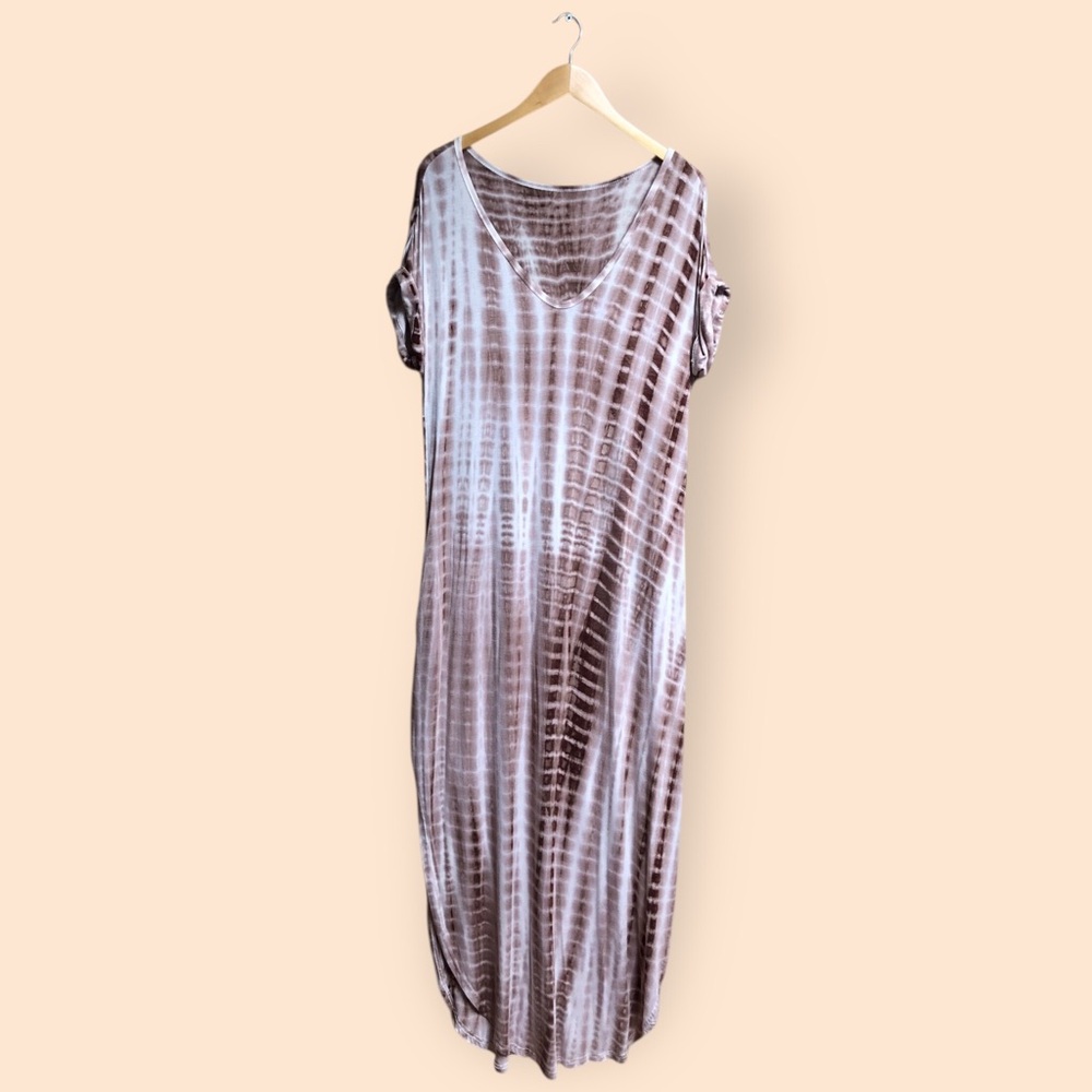 Bohemian Tie Dye Soft Stretchy Jersey Knit Beachy Maxi Dress Brown Women’s M